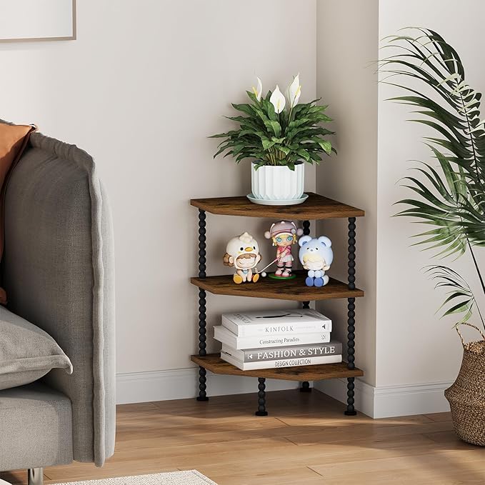 YINMIT Corner Shelf Stand, Standing Corner Display Shelf, Corner Organizer Shelf for Living Room, Bedroom, Bathroom, Kitchen, Small Spaces (Rustic Brown, 3 Tier)