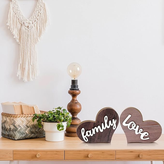 Jetec 2 Pieces Heart Shaped Wooden Decor - Rustic Family Love Table Centerpiece for Home, Living Room, Bedroom, Kitchen, Office - Ideal Housewarming and Wedding Decoration