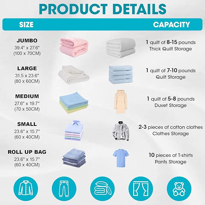 20 Pack Vacuum Storage Bags with Electric Pump, Compression Space Saver Vacuum Seal Bags 4 Jumbo/4 Large/4 Medium/4 Small/4 Roll Up Bags for Clothing Travel Comforters Blankets Pillows Bedding Duvets