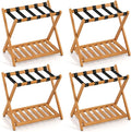 Goplus Luggage Rack for Guest Room Set of 4, Folding Suitcase Stand with Storage Shelf, Acacia Wood Frame & 5 Nylon Straps, Fully Assembled 27" Luggage Stand for Bedroom, Hotel, Holds up to 200 LBS