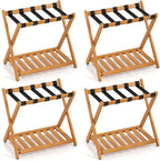 Goplus Luggage Rack for Guest Room Set of 4, Folding Suitcase Stand with Storage Shelf, Acacia Wood Frame & 5 Nylon Straps, Fully Assembled 27" Luggage Stand for Bedroom, Hotel, Holds up to 200 LBS