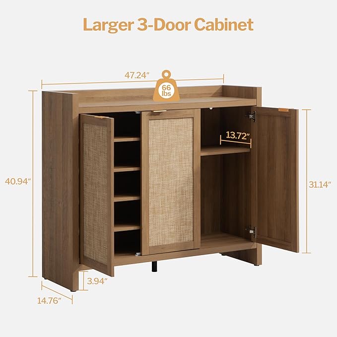 SICOTAS Shoe Storage Cabinet Set of 2, Large Tall Shoe Cabinet, Rattan Shoe Cabinet Storage for Entryway, Farmhouse Cabinet with Doors and Adjustable Shelves for Entryway Hallway Living Room
