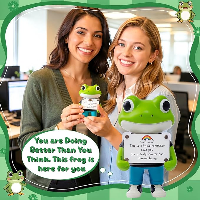 Positive Frog Figurine - 4.9" Tall Hand-Painted Resin Indoor Office Desk Decoration with Cute Motivational Sign, Funny Gift for Women Friends Bestie BFF Bestfriend Coworkers