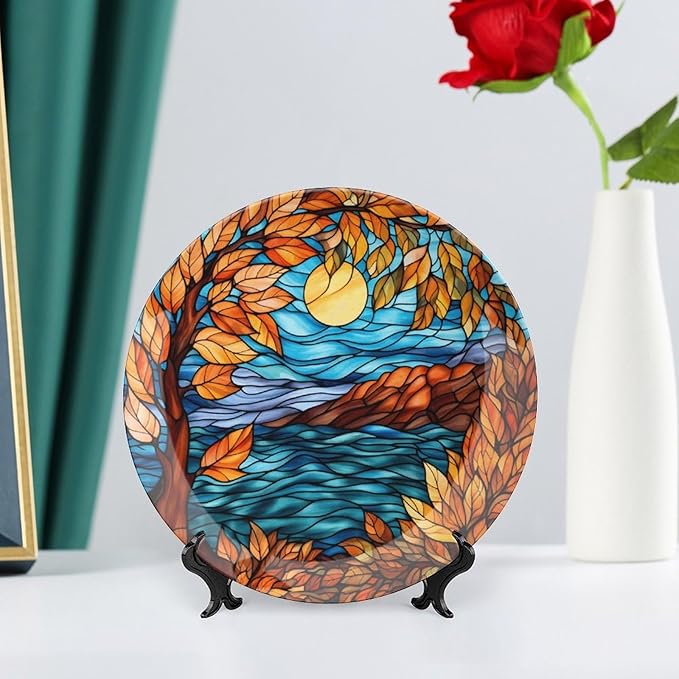 Decorative Plates, Stained Glass Design Fall Maple Tree Night Ceramic Dinner Plate Home Wobble-Plate with Display Stand, Autumn Wall Hanging Decor for Living Dining Room Kitchen Household 8 Inch