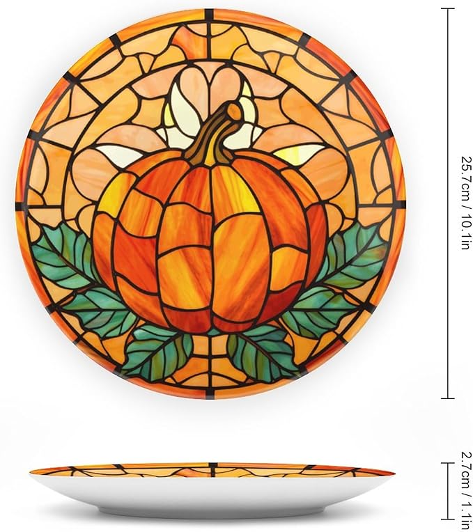 Fall Decorative Plates for Wall Hanging, Stained Glass Pumpkin & Leaves Ceramic Plate, Wobble-Plate with Display Stand, Home Decor for Kitchen Cabinets, Farmhouse Round Tray 10 Inch