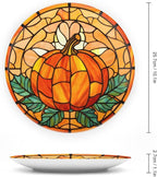 Fall Decorative Plates for Wall Hanging, Stained Glass Pumpkin & Leaves Ceramic Plate, Wobble-Plate with Display Stand, Home Decor for Kitchen Cabinets, Farmhouse Round Tray 10 Inch