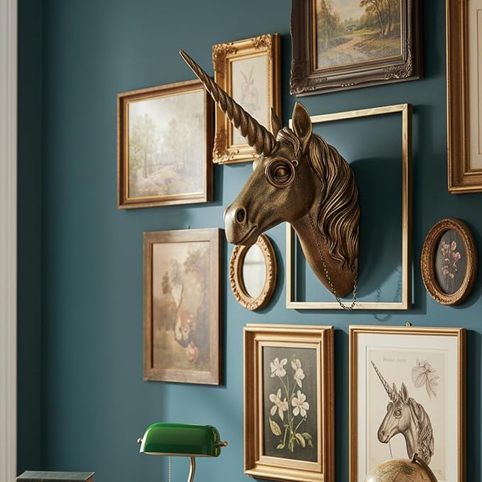 JJALIGHTS Exquisite Resin Animal Head Wall Sculpture (Gift Metal Frame) - Imitation Copper Vintage Decor for Living Room, Bedroom & Office | Decorative Wall Hanging Art (Unicorn)