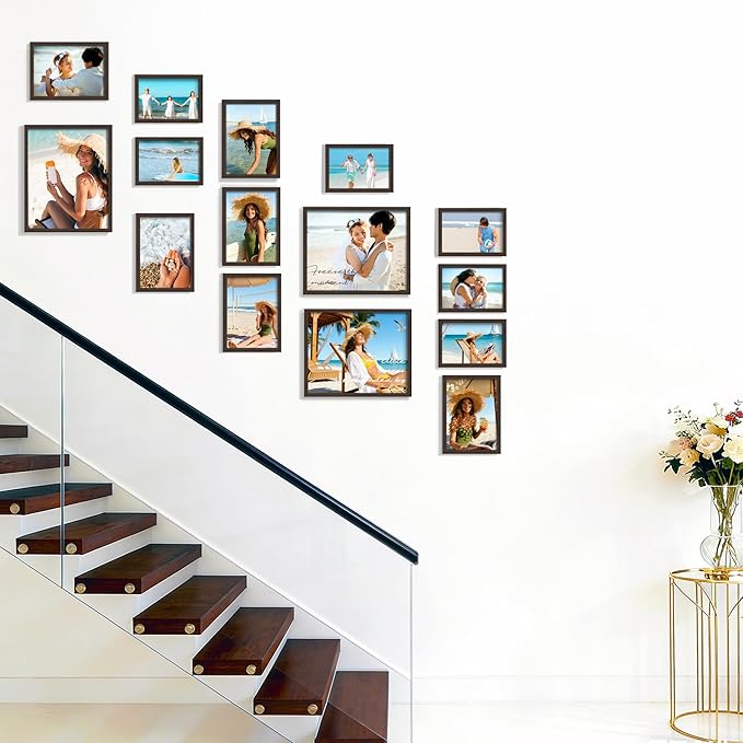15 Pack Picture Frames Collage Wall Decor, Walnut Frame Set with 3pcs 8x10, 6pcs 5x7, 6pcs 4x6 for Gallery Display, Wall Mounting & Tabletop, Bulk Photo Frames for Living Room Decor