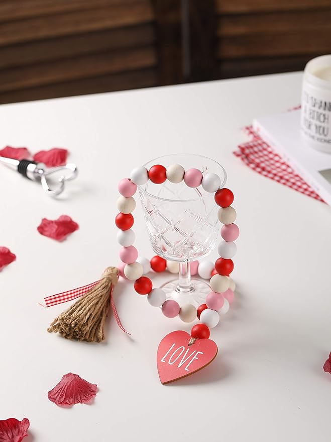 Valentine’s Day Wood Bead Garland with Tassels and Love Heart Shaped Wooden Embellishments Rustic Farmhouse Tiered Tray Wedding Decorations Home Decor (Red & White Love)