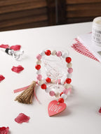 Valentine’s Day Wood Bead Garland with Tassels and Love Heart Shaped Wooden Embellishments Rustic Farmhouse Tiered Tray Wedding Decorations Home Decor (Red & White Love)