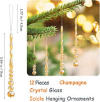 12pcs Crystal Icicle Christmas Tree Ornaments, Glass Beads Hanging Chandelier Pendants for Christmas Party Wedding Winter Decorations (Gold)
