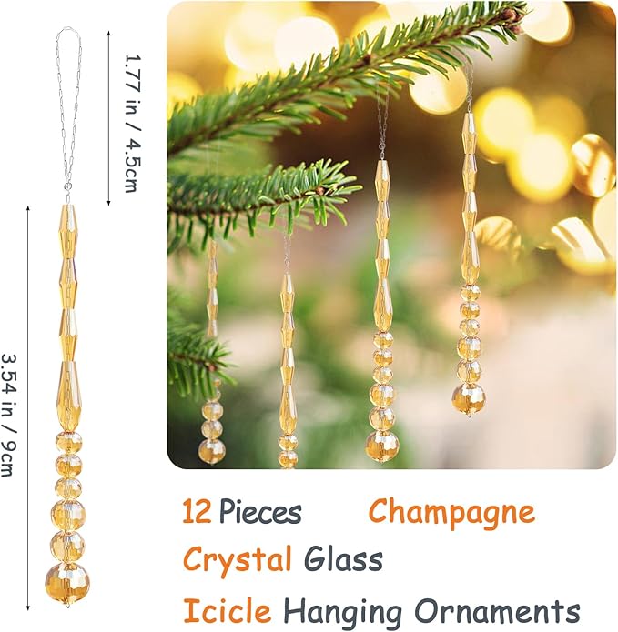 12pcs Crystal Icicle Christmas Tree Ornaments, Glass Beads Hanging Chandelier Pendants for Christmas Party Wedding Winter Decorations (Gold)