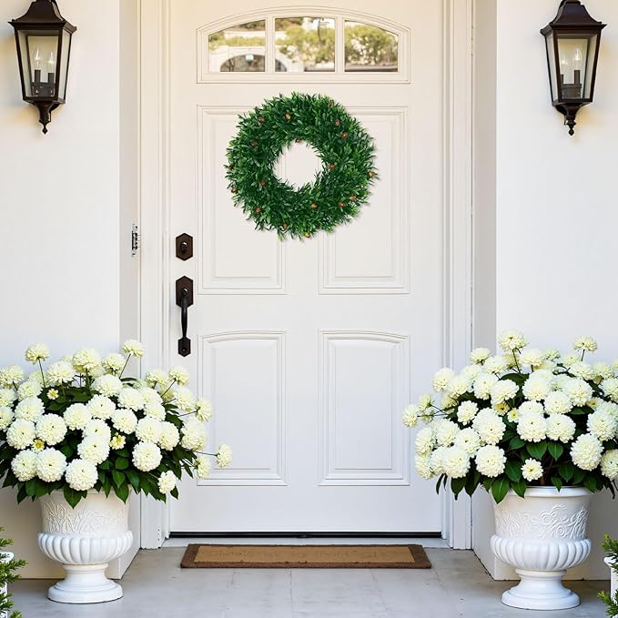 SHACOS Olive Greenery Wreath 17" Artificial Boxwood Front Door Wreaths for Home Wall Window Farmhouse Decoration 100% Plastic Indoor Outdoor
