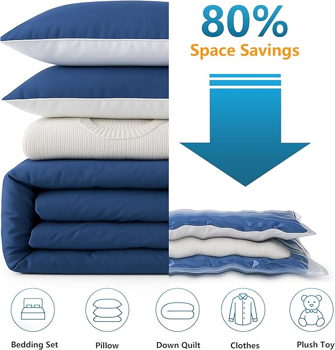 6 Pack Vacuum Storage Bags，Space Saver Bags(6 Pack Large),Compression for Comforters and Blankets, Sealer Clothes Storage, Hand Pump Included