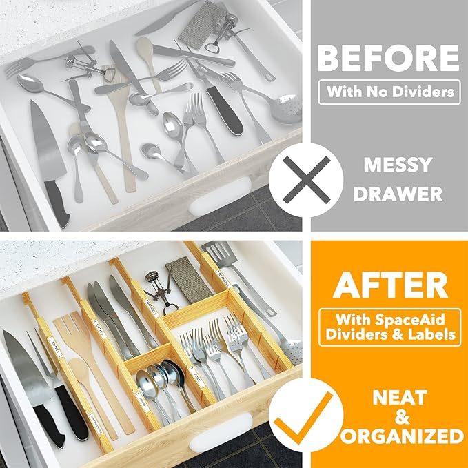 SpaceAid Bamboo 13.25-17“ Drawer Dividers (Need 2.35" Deep Drawer) Kitchen Adjustable Organizers, Expandable Organization for Home, Office, Dressers, 4 Dividers with 9 Inserts