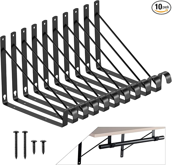 10 Pack Heavy Duty Closet Shelf & Rod Brackets, Wall Mounted Closet Shelves Bracket with Rod Support for Both Shelf Storage and Closet Rod Black,HOME MASTER HARDWARE