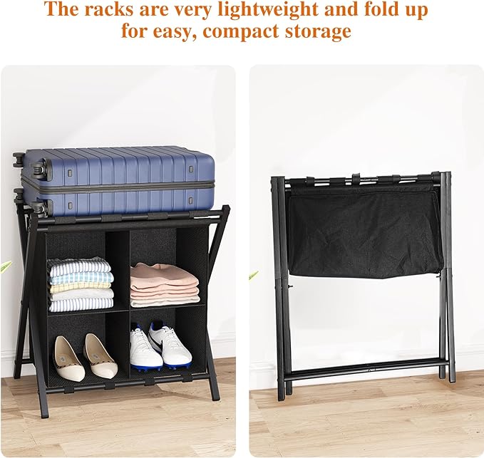 aboxoo Luggage Rack with storage, Guest Room Folding Suitcase Stands, Holds up to 120 lb, Space Saving Suitcase Holders for guest room, Bedroom Hotel, Black