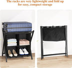aboxoo 2 Pack Luggage Rack with storage, Guest Room Folding Suitcase Stands, Holds up to 120 lb, Space Saving Suitcase Holders for guest room, Bedroom Hotel, Black