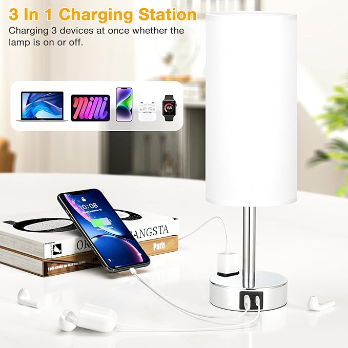 PartageiZ White Touch Nightstand Lamps Set - 3 Way Dimmable Bedside Table Lamp for Bedroom with USB Ports, Small Lamps with AC Outlet for Girls Dorm Nursery, Silver Base