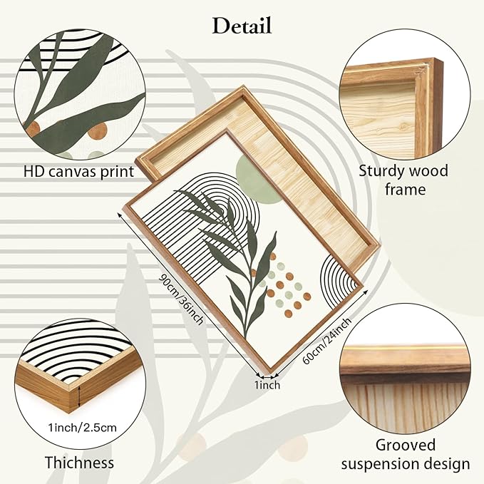 KAlRNE Sage Green Boho Beige Framed Canvas Wall Art Set of 3(24”X36”),Abstract Geometric Line Leaf Wall Decor,Botanical Minimalist Neutral Art Prints For Living Room Bedroom Office