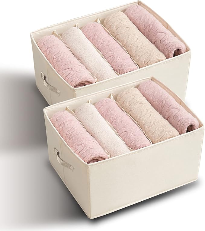 2 Packs Wardrobe Clothes Organizer, Foldable Closet Organizers Extra large 5 Grids Fabric Drawer Dividers with Double Handles for Jeans, Clothes, Pants, Sweaters, T-Shirts (Cream)