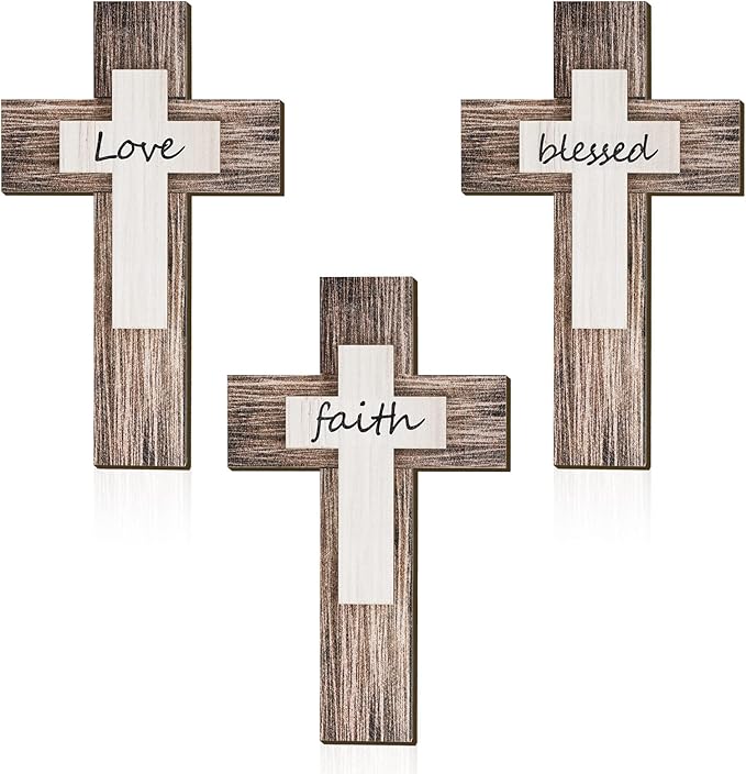 Yalikop 3 Pieces Wooden Cross Wall Decor Christians Cross Sign Faith Love Blessed Wooden Decoration Rustic Vintage Wall Art Religious Hanging Sign Inspirational Farmhouse Home Hanging Decor