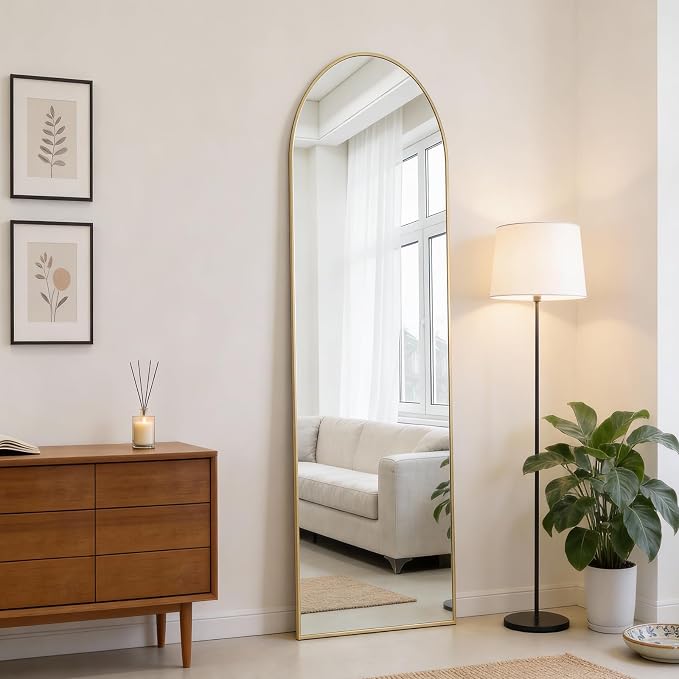DUMOS 47x14 Inch Arched Full Length Mirror Over the Door, Wall Mounted Full Body Mirror, Door Hanging Metal Aluminum Alloy Frame Dressing Mirrors for Bedroom, Living Room, Entryway, Gold