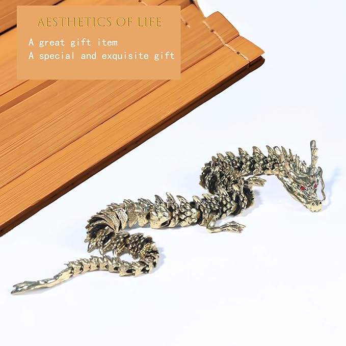 LIYAOLI 3D Articulated Chinese Dragon Statue Metal Copper Dragon 9 Inch Luck Dragon for Home Office Desk Decoration