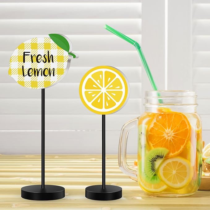 Maitys 3 Pcs Summer Lemon Wooden Table Decor Yellow Lemon Tiered Tray Decoration Rustic Summer Table Centerpiece Standing Block Sign for Home Kitchen