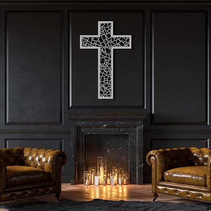 WORGO White Metal Cross Wall Decor Iron Christian Cross for Home Church, Hollow Out Artistic Hanging Ornament, Crosses Wall Decor for Living Room, Bedroom, Decorative Thankful Religious Gift 41.3x27.4 inch