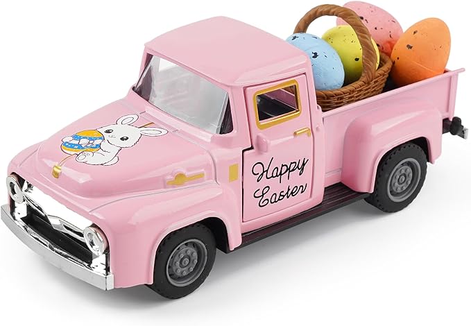 Spring Truck Decor, Pink Egg Bunny Truck Decorations for Home Indoor, Mini Basket Eggs Truck Tiered Tray Decor, Spring Rustic Farmhouse Kitchen Tabletop Decorations for Office