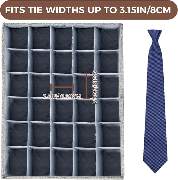 PINGMIC Gray Sock Organizer Divider 1 Pack with Lid - 30 Cell Foldable Closet Storage, Tie Organizer For Men Boxes for Socks, Ties, Belts
