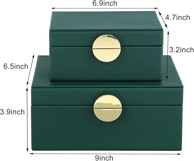 HofferRuffer Faux Leather Jewelry Boxes, Decorative Boxes Storage Accessory Organizer with Gold Hardware Decor, Classic Vegan Leather Set of 2 Pieces (Green)