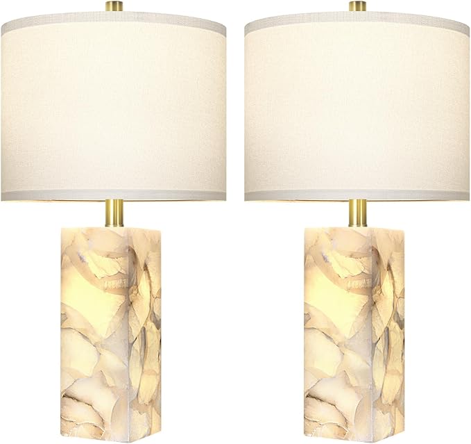 Scenekoy Alabaster Table Lamp Set of 2 with Night Light for Bedroom Living Room, 23" Rotary Switch Bedside Lamp with Linen Shade, Modern Nightstand Lamps for Room Office Dorm (Bulb Included)