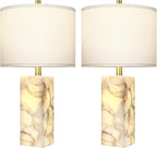 Scenekoy Alabaster Table Lamp Set of 2 with Night Light for Bedroom Living Room, 23" Rotary Switch Bedside Lamp with Linen Shade, Modern Nightstand Lamps for Room Office Dorm (Bulb Included)