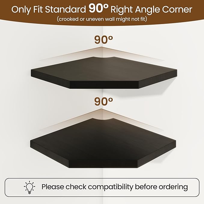 Fun Memories Corner Shelf Wall Mount, Solid Oak Wood Floating Corner Shelves with Cable Hole, 8.5in Rustic Design for Bedroom, Bathroom, Kitchen, Living Room (Black, 1 Pack)