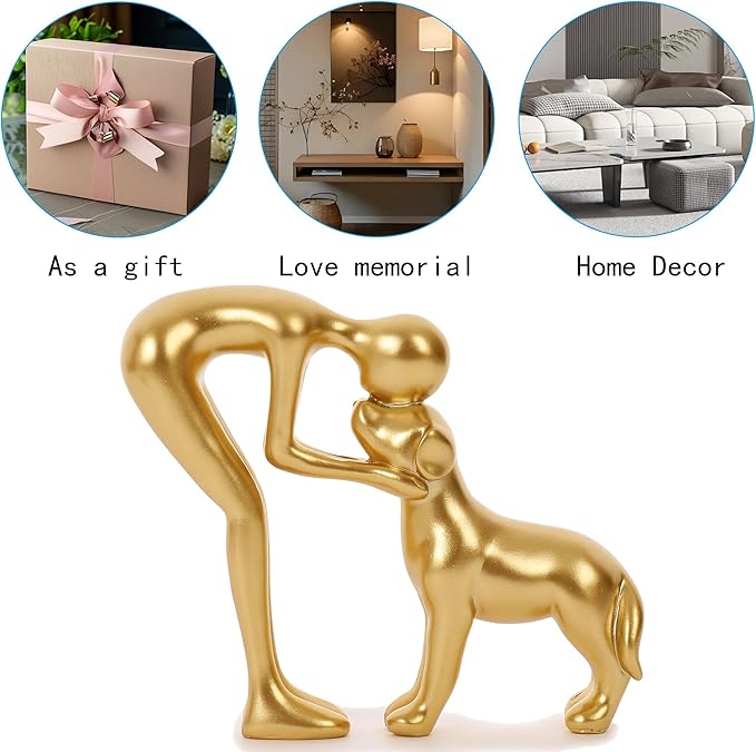 Cute Pet Sculpture Home Decor Man and Dog Statue Decoration for Office、Living Room、Bedroom、Home， Memory Gifts for Dog Lovers (Golden)