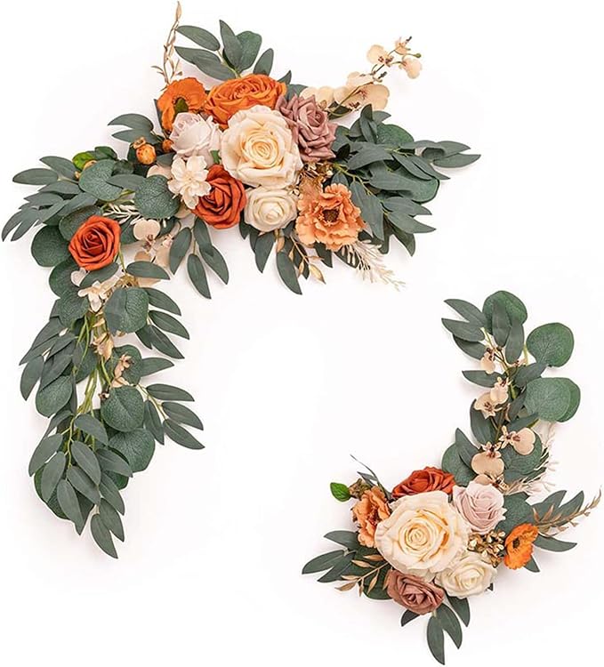 CDQL 2Pcs Wedding Welcome Sign Floral Decoration,Artificial Flower Swag Wedding Arch Decor, Wedding Flower Swag for Wedding Ceremony and Reception Arrangement (Orange)