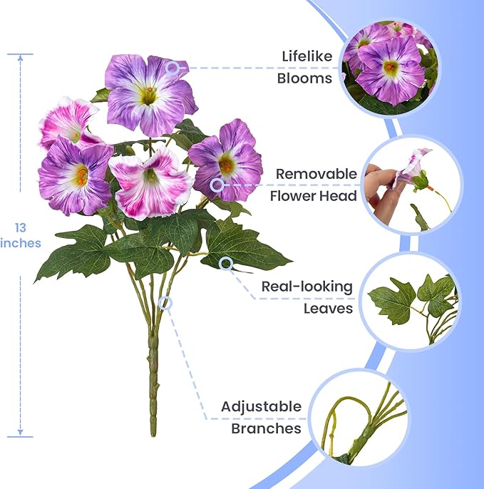 6 Pcs Artificial Petunia Flowers for Outdoor, Fake Spring Petunias Faux Silk Flowers for Outdoors UV Resistant Plants for Planters Garden Porch Patio Window Box Indoor Table Decor(Violet Lotus)
