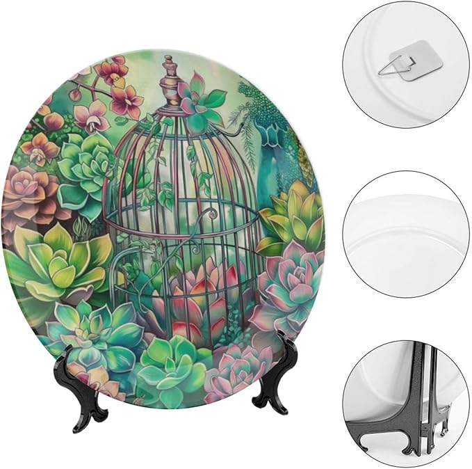 Garden Scenery Theme Decorative Ceramic Plate Round Porcelain Plate,Succulents and Bird Cage Pattern,for Decorative Ornaments Giving Plates, 1 Plate with 1 Display Stand,Green,6 inch