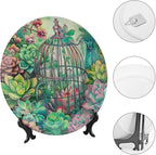Garden Scenery Theme Decorative Ceramic Plate Round Porcelain Plate,Succulents and Bird Cage Pattern,for Decorative Ornaments Giving Plates, 1 Plate with 1 Display Stand,Green,8 inch