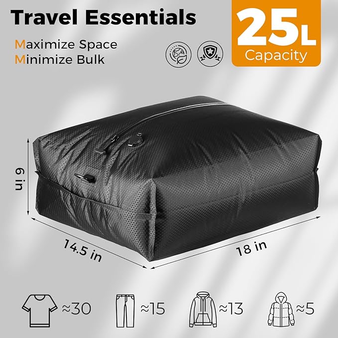 Travel Vacuum Seal Bags with Wireless Rechargeable Pump, 25L Durable Reusable Compression Packing Bags for Carry-On Suitcase & Backpack, IP67 Waterproof Space Saver Kit (2 Pack)