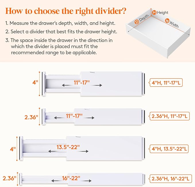 Lifewit 5 Pack 4" High Drawer Dividers 34-56cm/13.5-22" Adjustable Drawer Organizer for Clothes/Utensils, Expandable Drawer Separator in Dresser/Kitchen/Bedroom/Office Organization & Storage White