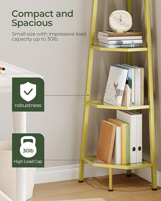 CHOEZON 5-Tier Corner Shelf, 59.6” Corner Storage Stand, Floorstanding Dispaly Rack, Tempered Glass Corner Bookshelf, Open Plant Stand, for Living Room, Bedroom, Study, Bathroom, Gold TCJ21GJ