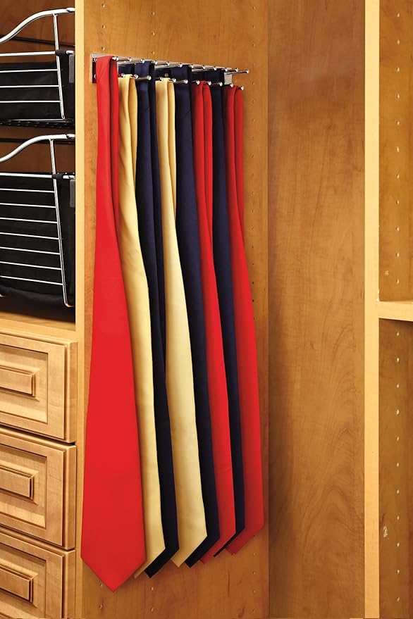 Rev-A-Shelf Pull Out 12" Side Mount Extending Closet Tie & Belt Organization Storage Rack Holder for Up to 23 Ties, Chrome, TRC-12CR