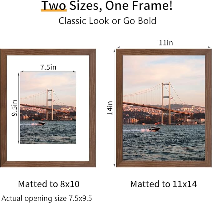 11x14 Picture Frame 3 Pack - Brown Poster Frame Display Pictures 8x10 with Mat or 11 x 14 Without Mat for Wall Hanging Horizontal and Vertical
