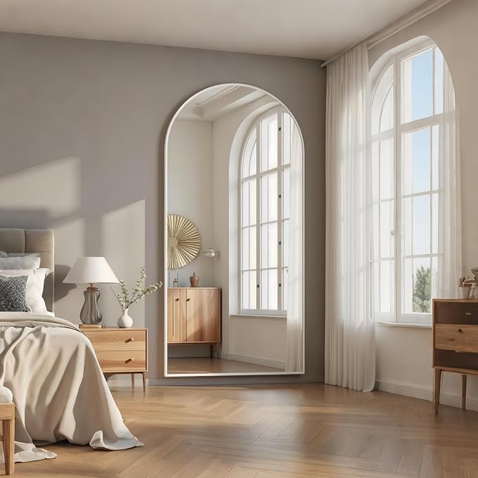 Prywot Arched Full Length Mirror, 76" x 34" Floor Mirror Wall Hanging or Leaning Arched-Top Full Body Mirror with Stand for Bedroom, Dressing Room, White