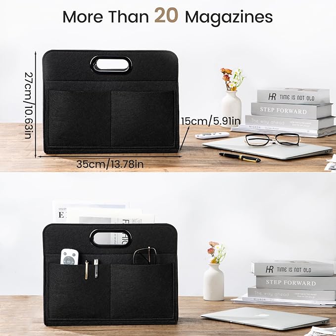 Magzine Holder,Felt foldable Magazine Basket for Storage Organizer, Magazine Newspaper File Laptop Folder with 4 Pockets for dorm, Living Room, Office Storage Holder Bag, Black