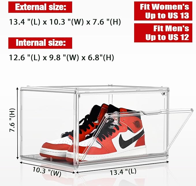 Acrylic Shoe Box, Sneaker Display Case Transparent Box Shoe Storage Bins Clear Plastic Stackable Boot Handbag Organizer Containers with Lids, 1Pack Size 12