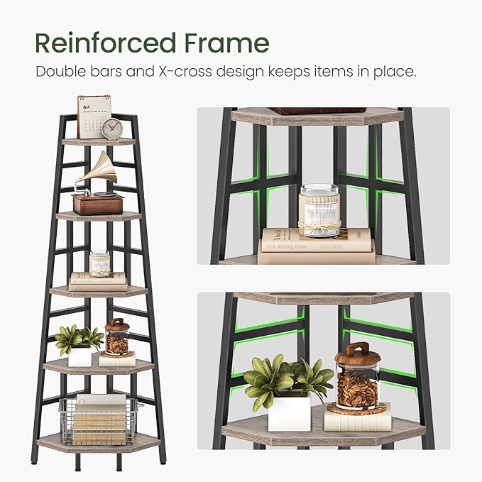 CHOEZON 70.1-Inch 5-Tier Tall Corner Shelf, Narrow Bookshelf for Small Spaces, Industrial Bookcase Display Stand for Living Room, Bedroom, Office, Greige TCJ25BG